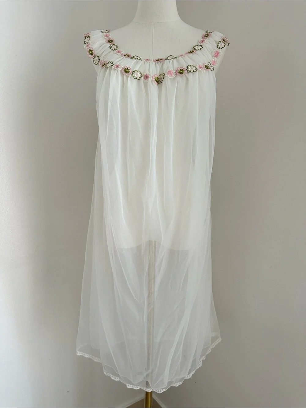 Vintage White Sheer Chiffon Chemise with Pink & Green Floral Trim #081